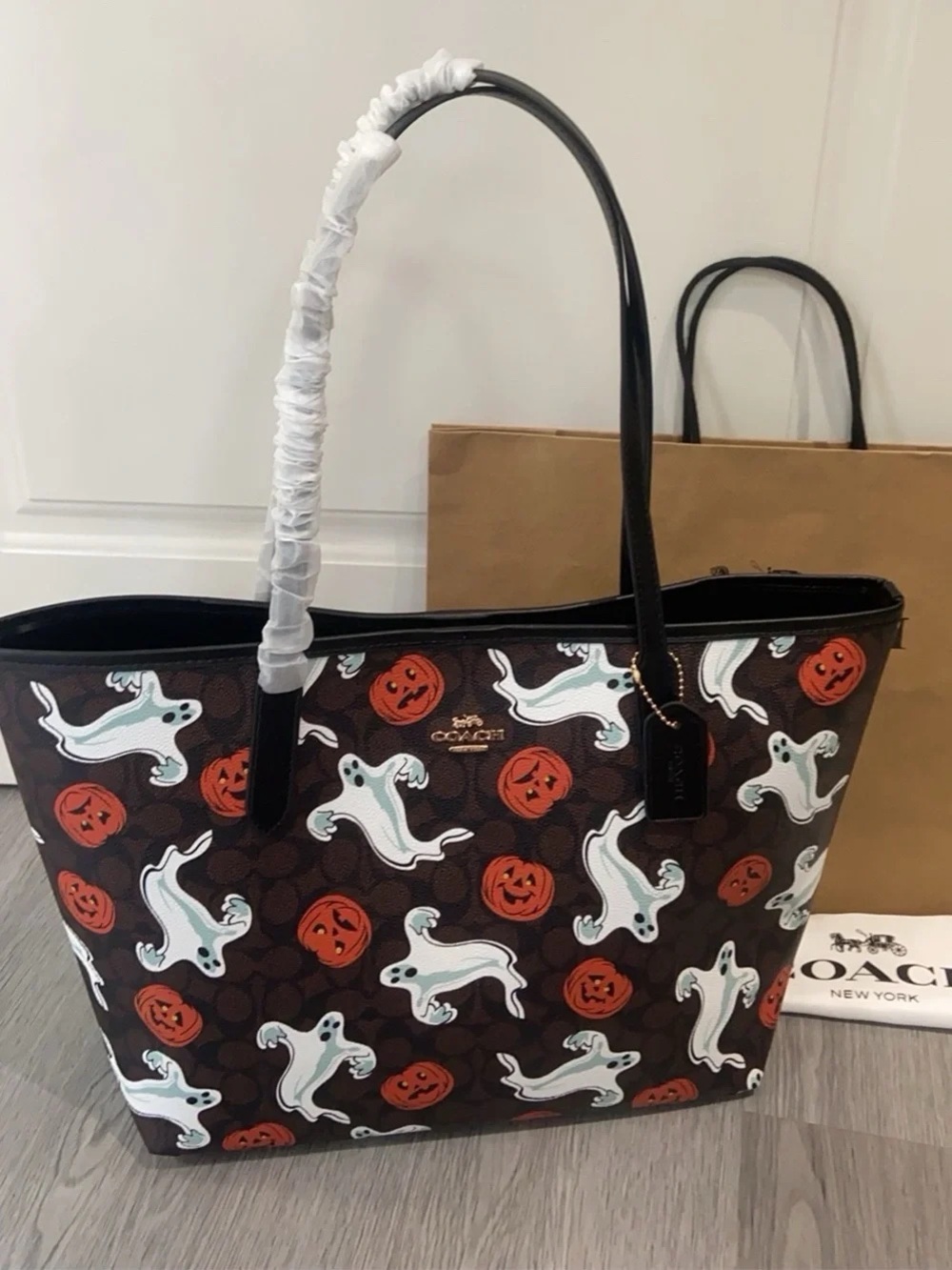 Coach Brown Halloween Tote with White Ghosts and Orange Pumpkins